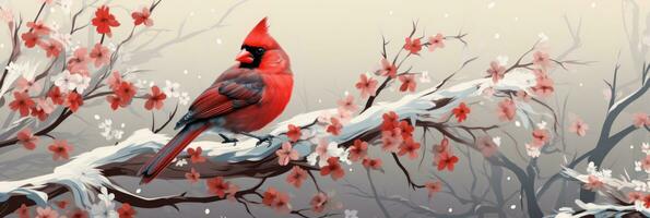 AI generated an adult red cardinal sitting on branches in the snow photo