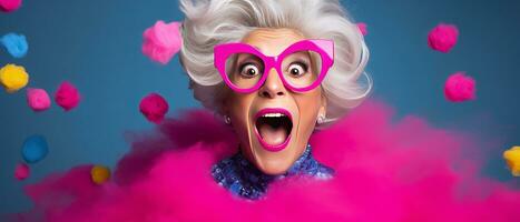 AI generated an elderly lady in glasses who is looking surprised photo