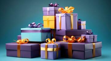 AI generated brightly colored gift boxes arranged on a blue background photo