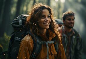 AI generated couple hiking in the wooded countryside with backpacks, photo