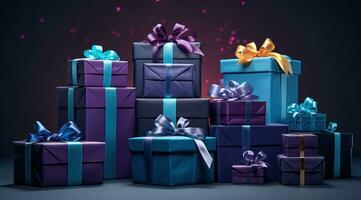 AI generated brightly colored gift boxes arranged on a blue background photo
