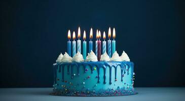 ai generado azul cumpleaños pastel con iluminado velas foto