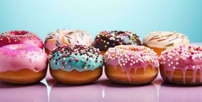 AI generated colored donuts on pink background sprinkles photo