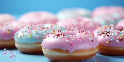 AI generated colored donuts on pink background sprinkles photo