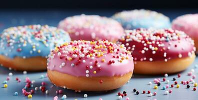 AI generated colored donuts on pink background sprinkles photo