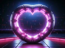 AI generated futuristic heart frame fractal with neon light photo