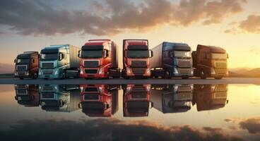 AI generated five commercial trucks are lined up at sunset photo