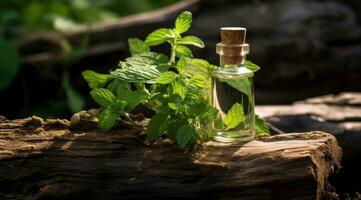 AI generated essential oil, mint essential oil, natural, wood photo