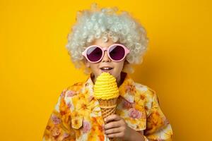 AI generated child holding an ice cream cone and wearing sunglasses ice cream photo