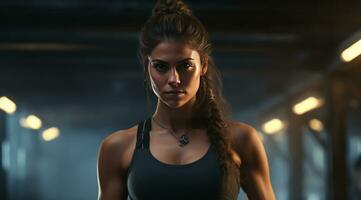 AI generated female boxer is training in the gym photo