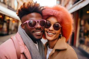 AI generated couple in a city outside shop looking at cameras photo