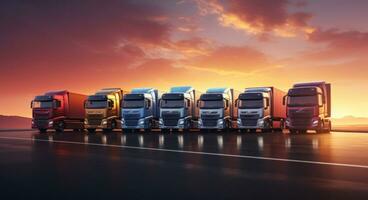 AI generated five commercial trucks are lined up at sunset photo