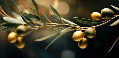 AI generated olive fruit on dark green branches photo