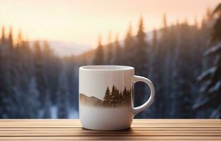 AI generated mug on wooden table with pine trees in the background photo