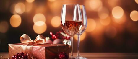 AI generated glass of wine with christmas gift photo