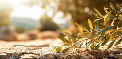 AI generated olive leaves growing on a tree at sunrise photo