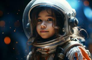 ai generado pequeño niña astronauta en espacio foto