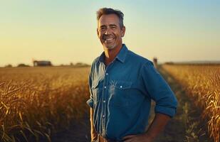 ai generado maduro hombre en agricultores campo sonriente en azul camisa foto