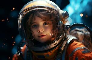 AI generated little girl astronaut in space photo