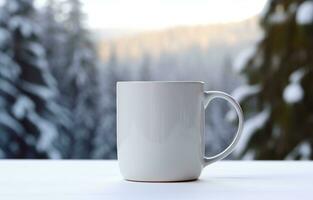 AI generated mug on wooden table with pine trees in the background photo