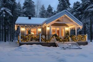 AI generated christmas cottage sitting on christmas tree with christmas lights photo