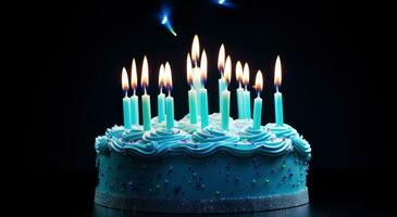 AI generated blue birthday cake with lit candles photo