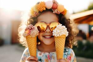 ai generado niño participación un hielo crema cono y vistiendo Gafas de sol hielo crema foto