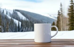 AI generated mug on wooden table with pine trees in the background photo