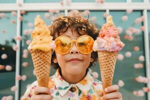 AI generated child holding an ice cream cone and wearing sunglasses ice cream photo