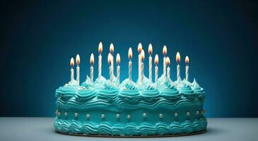 AI generated blue birthday cake with lit candles photo