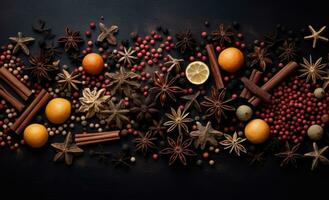 AI generated christmas background with fruit and spices photo