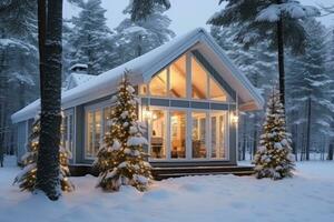 ai generado Navidad cabaña sentado en Navidad árbol con Navidad luces foto