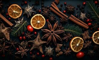 AI generated christmas background with fruit and spices photo