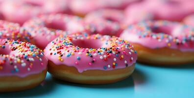 AI generated pink colored sugar doughnuts, many on a pink background photo