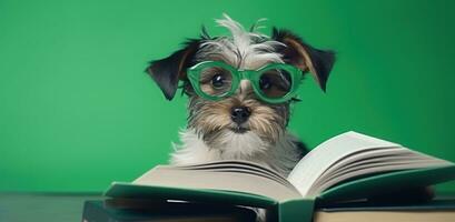 AI generated little dog in glasses reading the book photo