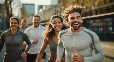 ai generado hombres y mujer riendo mientras corriendo foto