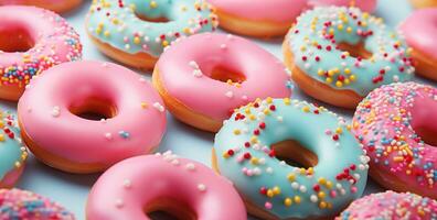 AI generated pink colored sugar doughnuts, many on a pink background photo