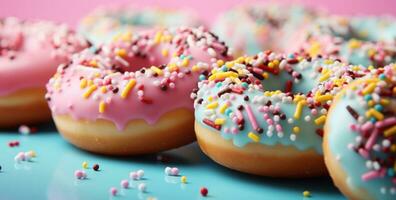 AI generated pink colored sugar doughnuts, many on a pink background photo