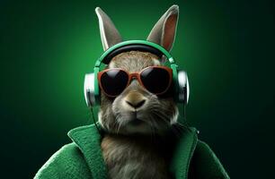 AI generated rabbit in headphones with glasses looking off into the distance photo