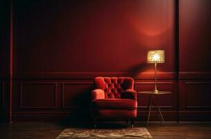 AI generated red velvet chair set with side lamp in an old red room photo