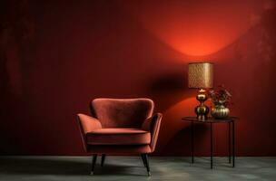 AI generated red velvet chair set with side lamp in an old red room photo