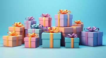 AI generated several boxes of presents in rows on blue against a blue background photo
