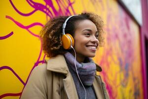 AI generated smiling young woman with headphones leaning against wall with graffiti photo