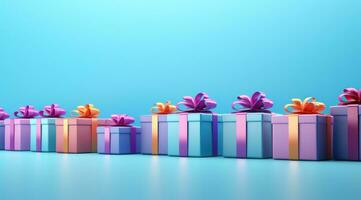 AI generated several boxes of presents in rows on blue against a blue background photo