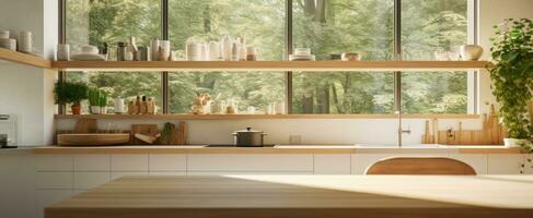 AI generated simple contemporary kitchen with an interesting view of the window photo