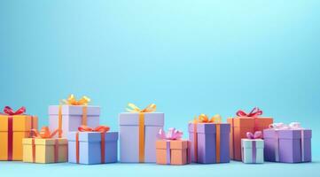 AI generated several boxes of presents in rows on blue against a blue background photo