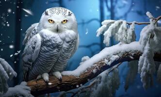 AI generated snowy owl sitting on the branch of a tree covered in snow photo