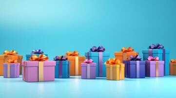 AI generated several boxes of presents in rows on blue against a blue background photo