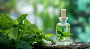 AI generated green leaves and mint leaves in an essential oil bottle with mint leaves photo