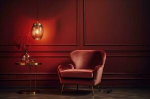 AI generated red velvet chair set with side lamp in an old red room photo